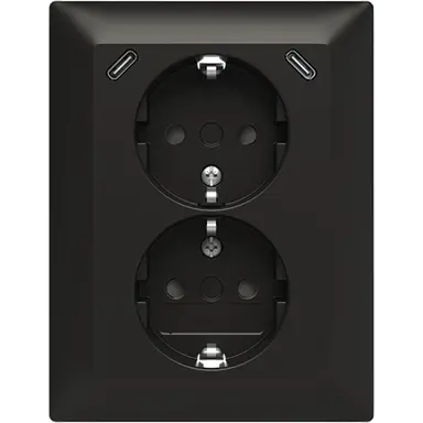 Busch-Jaeger 202EUJRB2USBC-915 wandcontactdoos 2-voudig randaarde Safety+ en 2x USB C voor enkele inbouwdoos Balance SI zwart mat