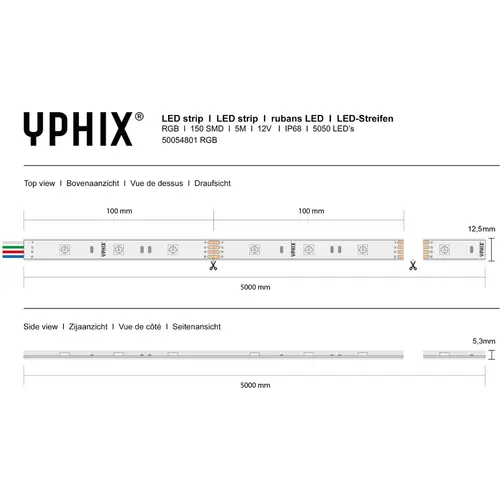 Yphix 50054801 LED strip 12V RGB IP68 150 SMD 5050 LEDS - 5 meter