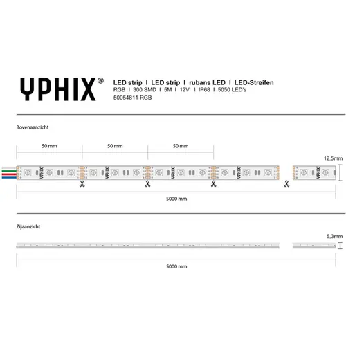 Yphix 50054811 LED strip 12V RGB IP68 300 SMD 5050 LEDS - 5 meter