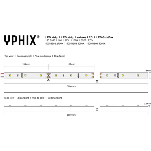 Yphix 50054902 LED strip 12V 2700K IP20 150 SMD 3528 LEDS - 5 meter