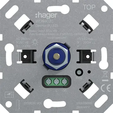 Hager Berker WDN4020 universele LED-draaidimmer met druk-wisselschakelaar 3-200 Watt