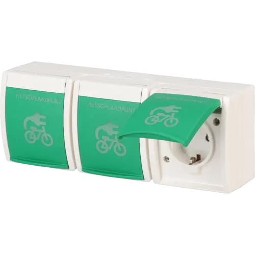 Busch-Jaeger 2300/3 EBW-54 FIETS wandcontactdoos 3-voudig randaarde Safety+ klapdeksel met opdruk fietsoplaadpunt opbouw Ocean IP44 alpinwit/groen