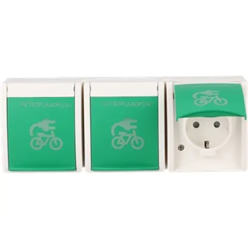 Busch-Jaeger 2300/3 EBW-54 FIETS wandcontactdoos 3-voudig randaarde Safety+ klapdeksel met opdruk fietsoplaadpunt opbouw Ocean IP44 alpinwit/groen