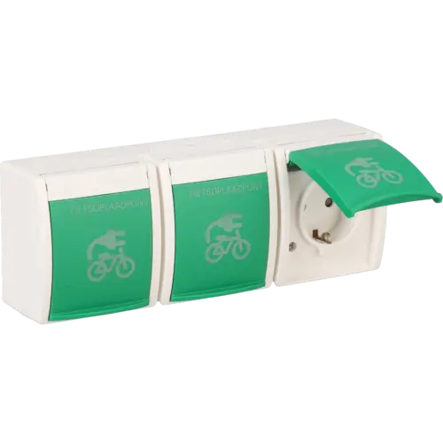 Busch-Jaeger 2300/3 EBW-54 FIETS wandcontactdoos 3-voudig randaarde Safety+ klapdeksel met opdruk fietsoplaadpunt opbouw Ocean IP44 alpinwit/groen