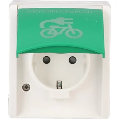Busch-Jaeger 20 EBW/LA-13-54 wandcontactdoos randaarde Safety+ klapdeksel met opdruk fietsoplaadpunt opbouw Ocean IP44 alpinwit/groen