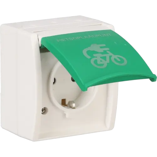 Busch-Jaeger 20 EBW/LA-13-54 wandcontactdoos randaarde Safety+ klapdeksel met opdruk fietsoplaadpunt opbouw Ocean IP44 alpinwit/groen