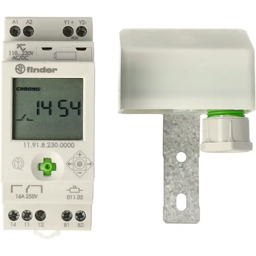 Finder 11.91.8.230.0000 DIN-rail schemerschakelaar digitaal met tijdschakelklok en 1 wisselcontact 16A