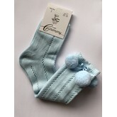 JC Socks JC Socks Blue Open Weave Knee Socks With Pom Pom