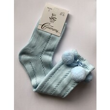 JC Socks JC Socks Blue Open Weave Knee Socks With Pom Pom