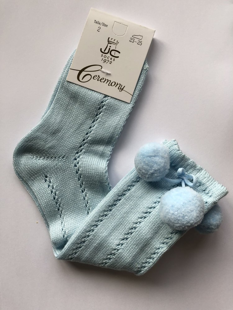 JC Socks JC Socks Blue Open Weave Knee Socks With Pom Pom