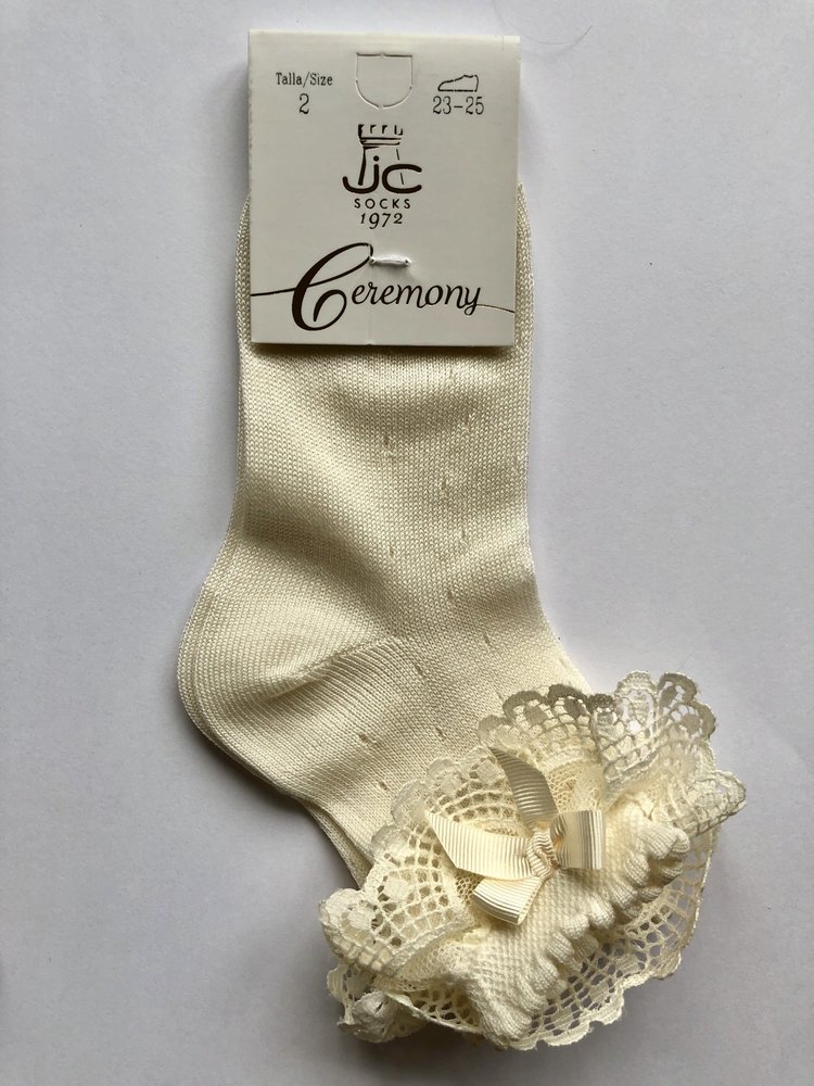 JC Socks JC Socks Cream Open Weave Ankle Sock With Lace Ruffle