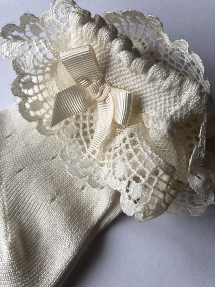 JC Socks JC Socks Cream Open Weave Ankle Sock With Lace Ruffle