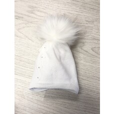 Pex Pex Knit White Hat With Faux Fur Pom & Pearl Detail - 6-12M
