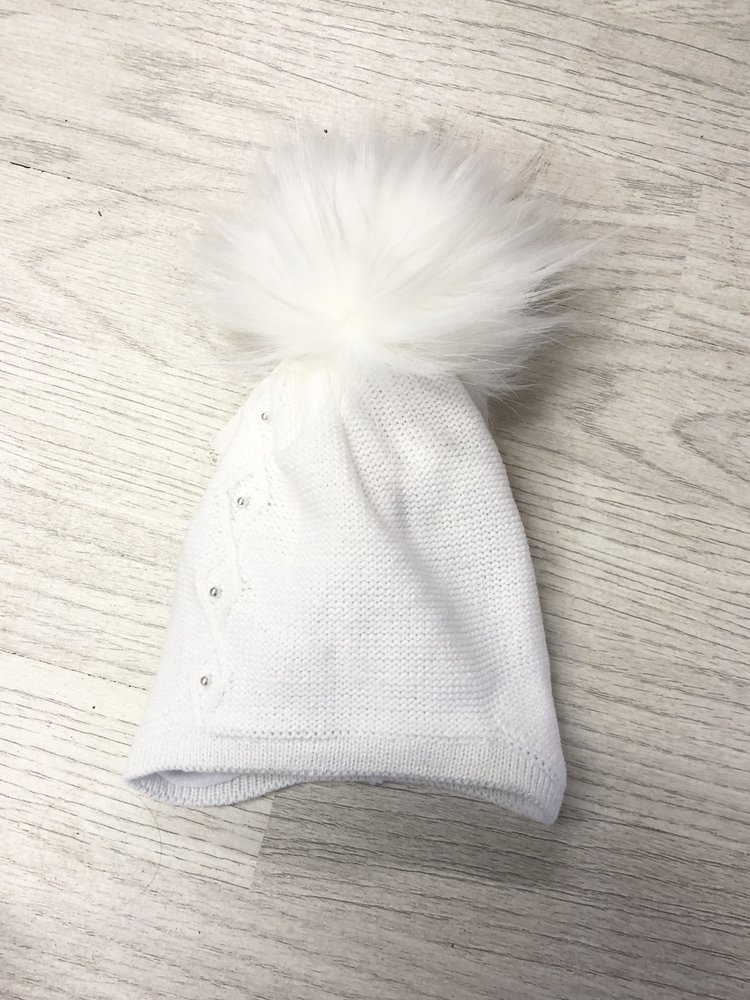 Pex Pex Knit White Hat With Faux Fur Pom & Pearl Detail - 6-12M