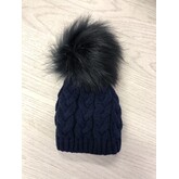 Pex Pex Knit Navy Hat With Faux Fur Pom - AGE 1-2