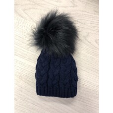Pex Pex Knit Navy Hat With Faux Fur Pom - AGE 1-2