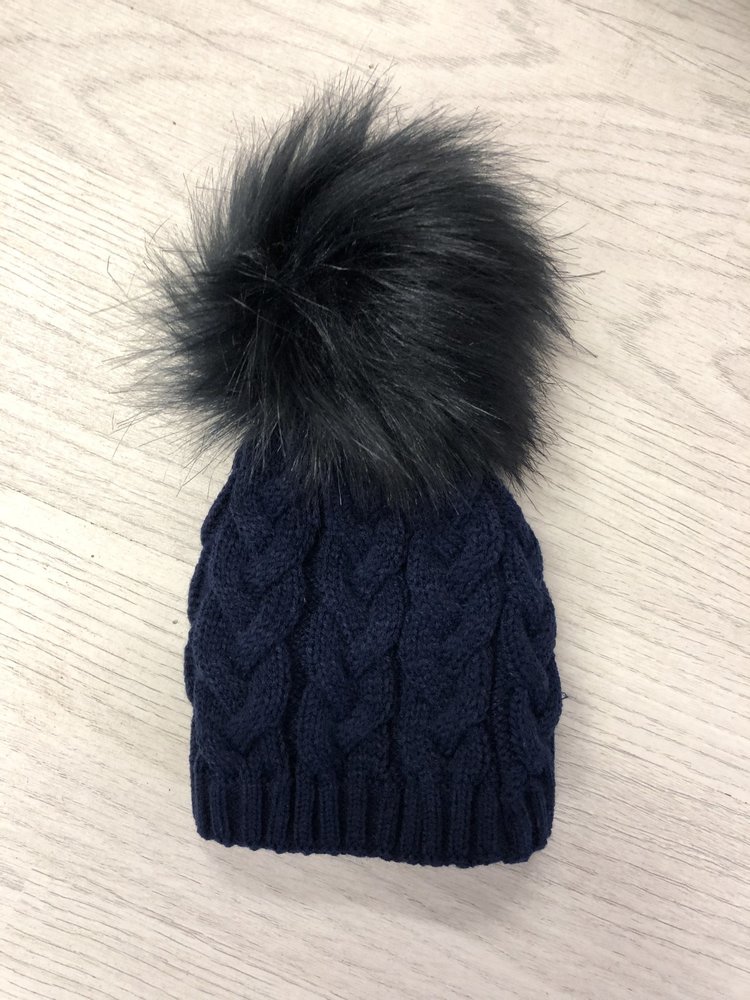 Pex Pex Knit Navy Hat With Faux Fur Pom - AGE 1-2
