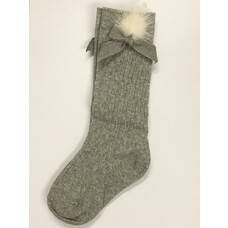 Daga Grey Sock with Bow and Fur Pom - MEDIUM (5-8Y)