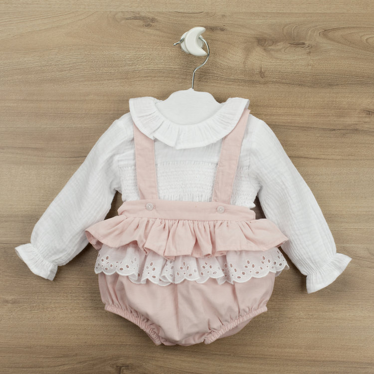 Babidu Babidu Pink and White Ruffle Dungaree Set - 30341 - AGE 3