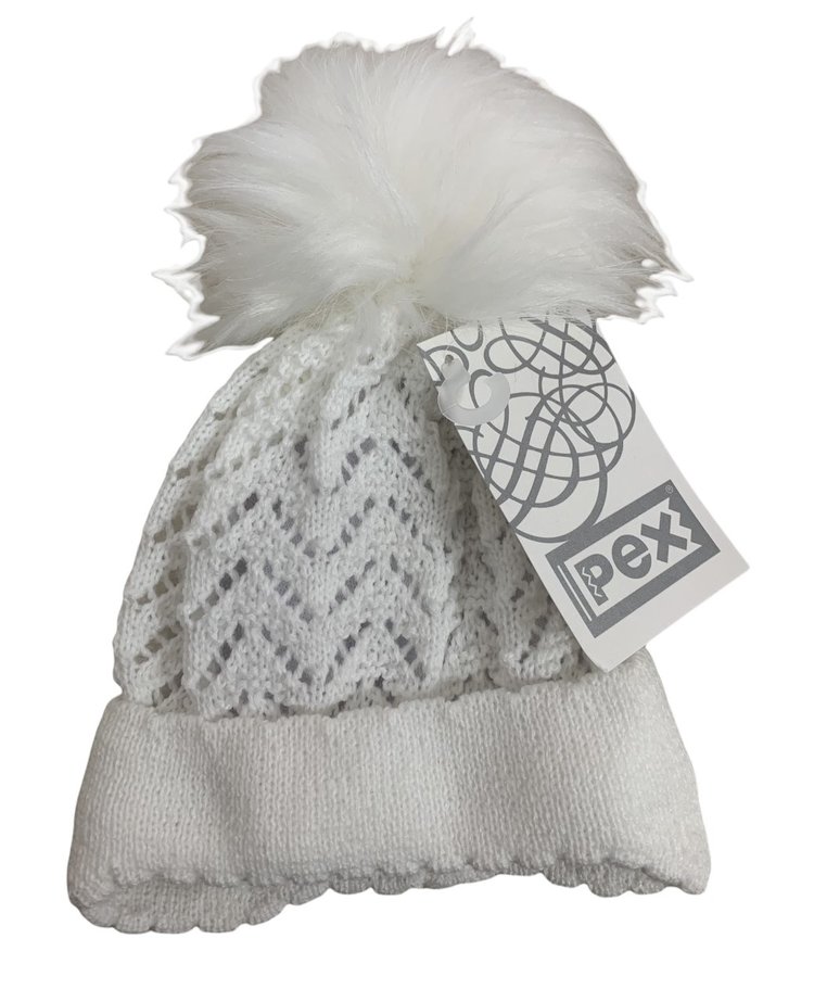 Pex Pex Knit White Hat With Faux Fur Pom - 6-12M