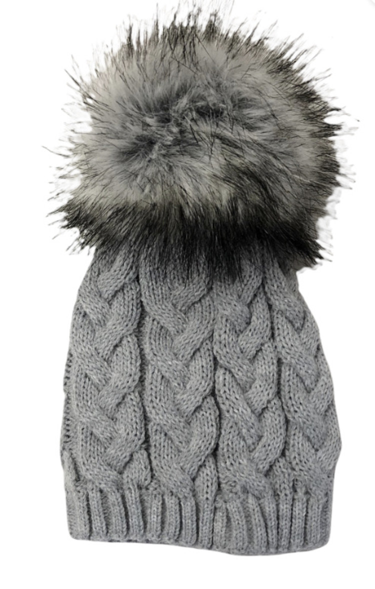 Pex Pex Knit Grey Hat With Faux Fur Pom - AGE 1-2