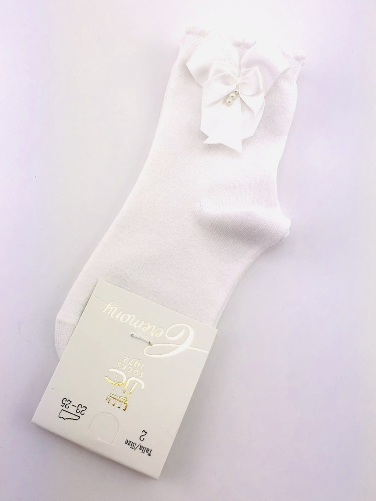 JC Socks JC Socks 32634-1 White Sock with Bow & Pearl Detail (thick Sock)