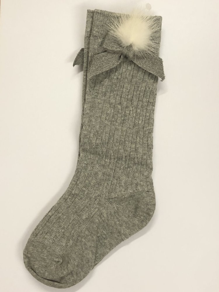 Daga Grey Sock with Bow and Fur Pom - MEDIUM (5-8Y)