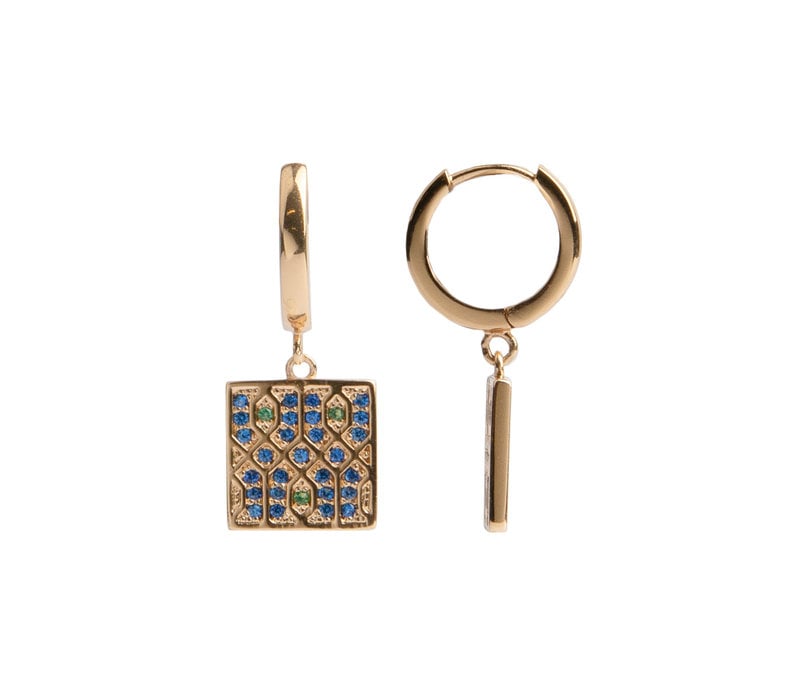 Bold Goldplated Earring Graphic Square Green Blue