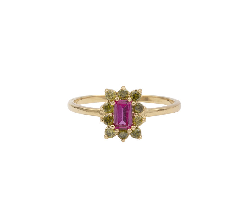 Chérie Goldplated Ring Rechthoek Bloem Roze Groen