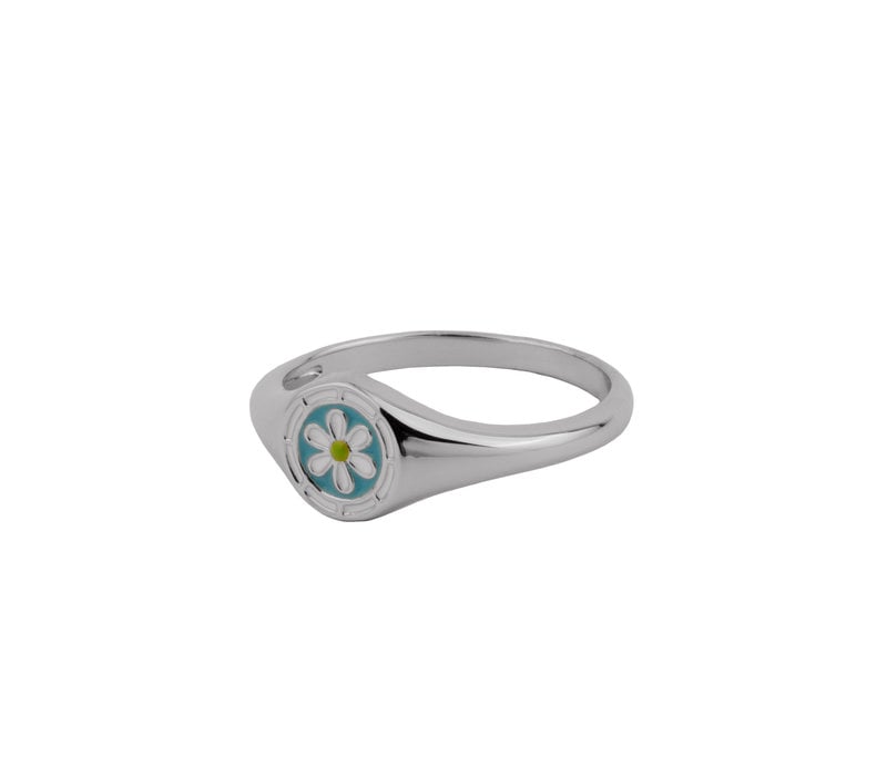 Vivid Silverplated Ring Signet Daisy Blue Green White