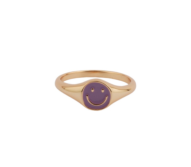 Vivid Goldplated Ring Signet Smiley Paars