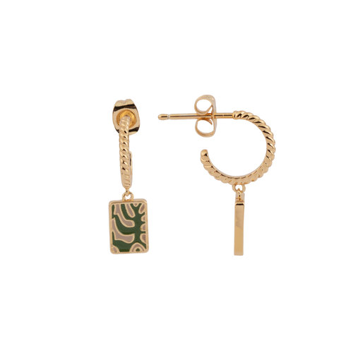 Vivid Goldplated Earring Rectangle Plant Green Beige 