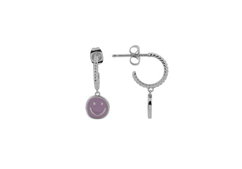 All the Luck in the World Vivid Silverplated Earring Coin Smiley Purple