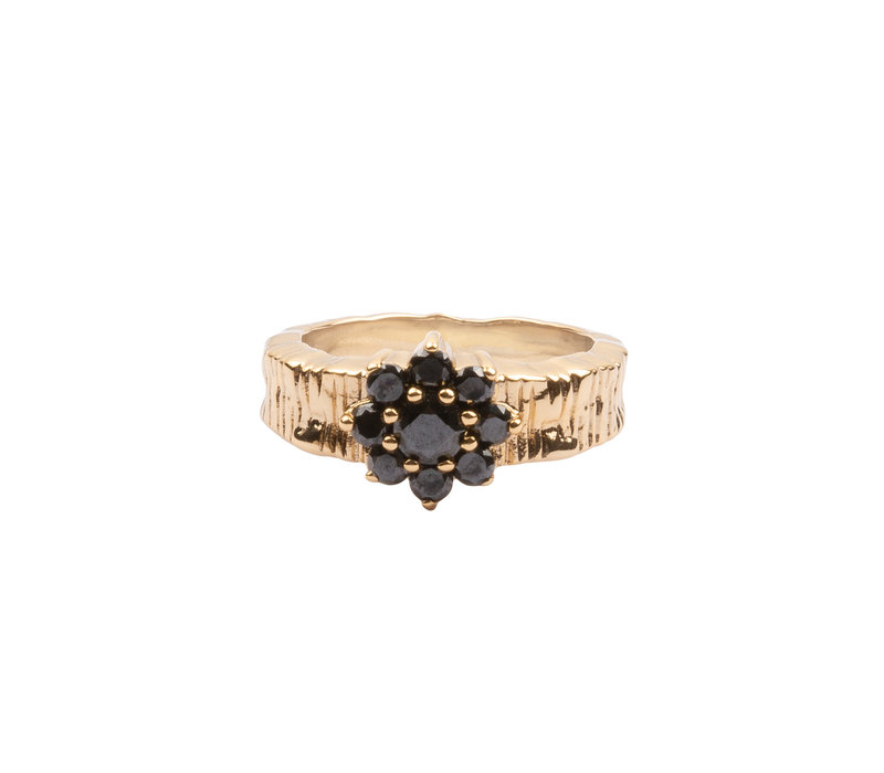 Chérie Goldplated Ring Grote Bloem Zwart