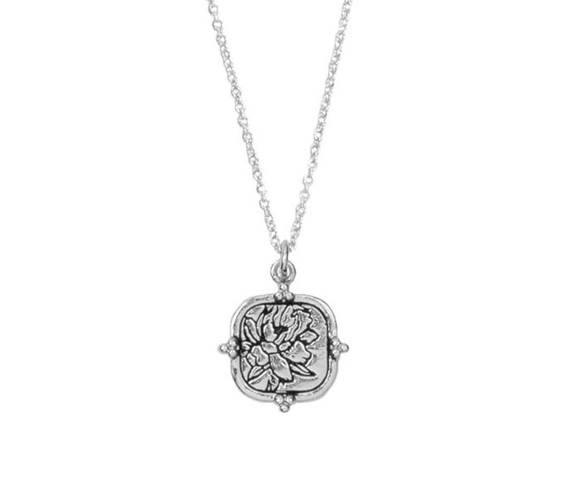 Charm Silverplated Ketting Pioenroos Vierkant