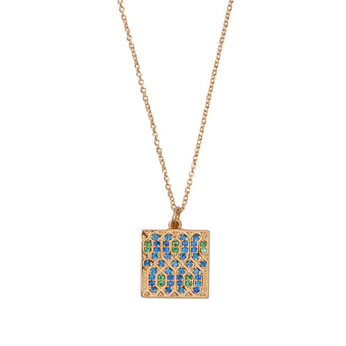 Bold Goldplated Necklace Graphic Square Green Blue 