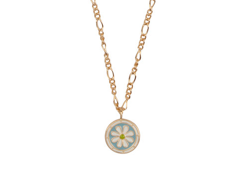 All the Luck in the World Vivid Goldplated Necklace Coin Daisy Blue Green White