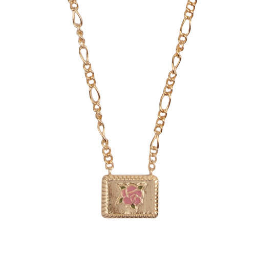 Vivid Goldplated Necklace Rectangle Rose Pink Green 