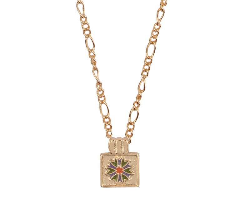 Vivid Goldplated Necklace Rectangle Flower Green Purple Pink