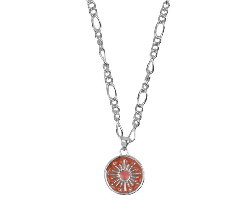 Vivid Silverplated Necklace Coin Burst Orange Pink