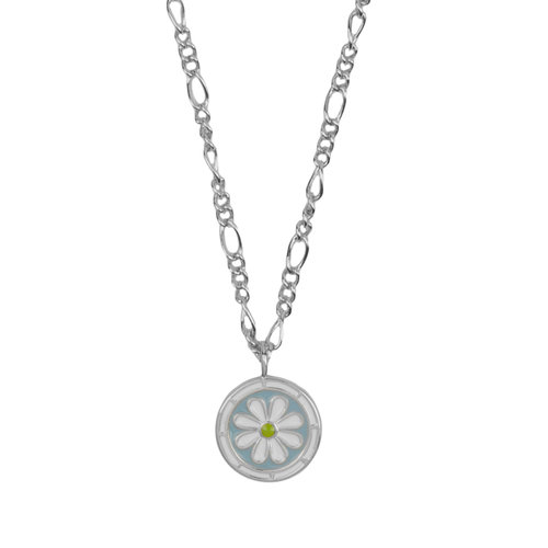 Vivid Silverplated Necklace Coin Daisy Blue Green White 