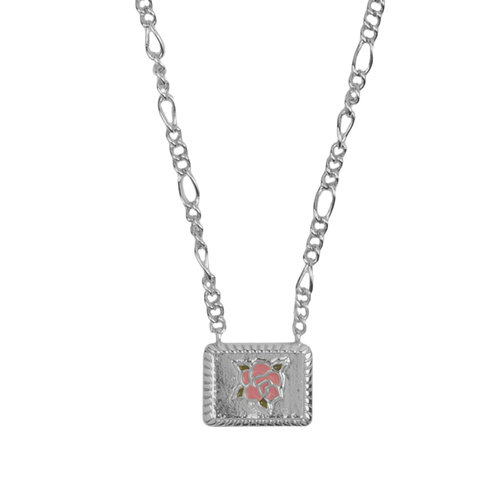 Vivid Silverplated Necklace Rectangle Rose Pink Green 