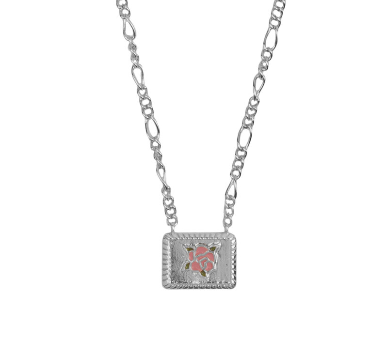 Vivid Silverplated Necklace Rectangle Rose Pink Green