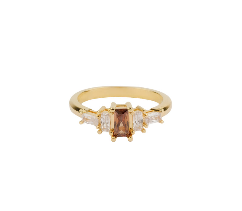 Oasis Goldplated Ring Zirconia Small Rectangle Brown