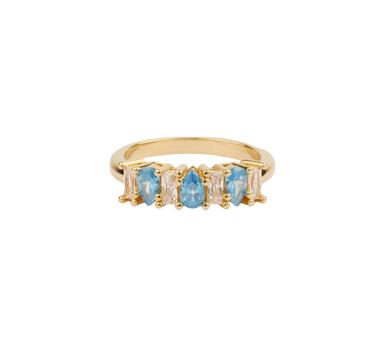 Oasis Goldplated Ring Zirconia Drop Bar Blue Clear