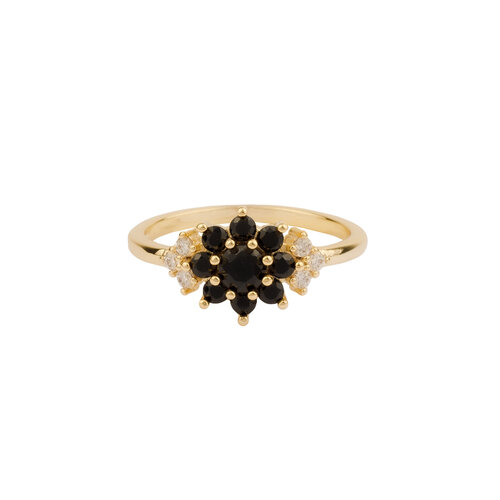 Oasis Goldplated Ring Zirconia Black Flower 