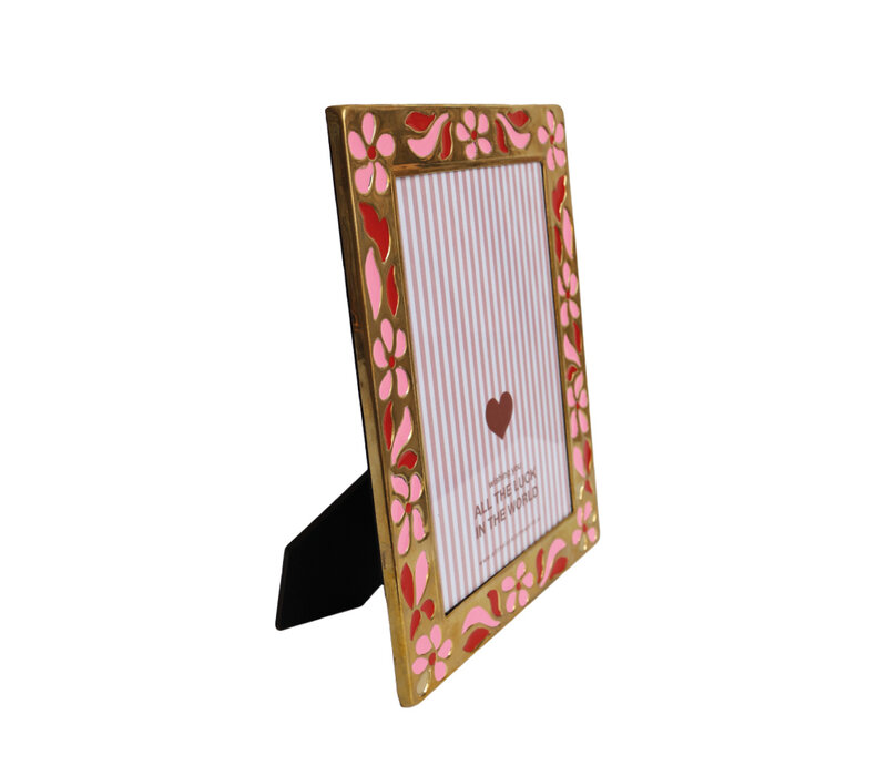 Brass Photo Frame Flowers Pink Red