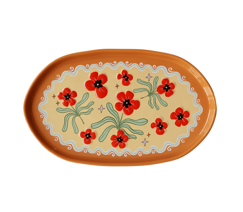 Grote Ovale Schaal Oranje met Bloemen