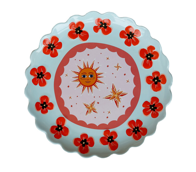 Grote Ronde Schaal Blauw met Klaprozen