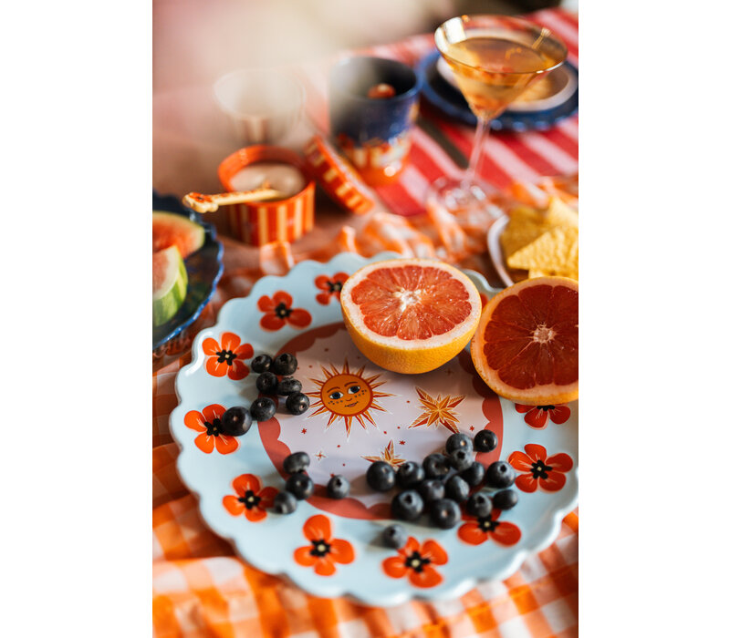 Grote Ronde Schaal Blauw met Klaprozen